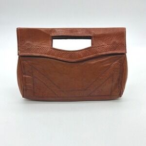 Beautiful Boho Moroccan Leather Clutch Handbag Fold Over Handle Purse Brown